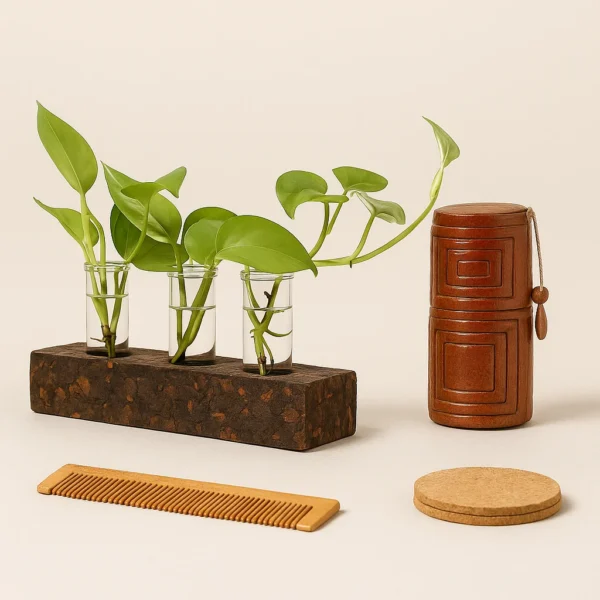 PAIVI 3-HOLE CORK TABLE PLANTER WITH GLASS TUBES