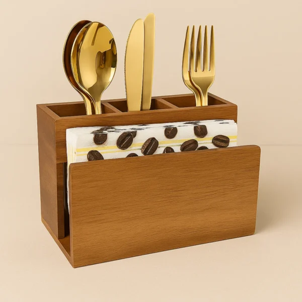 PAIVI NATURAL ACACIA WOOD CADDY – CUTLERY & TISSUE HOLDER