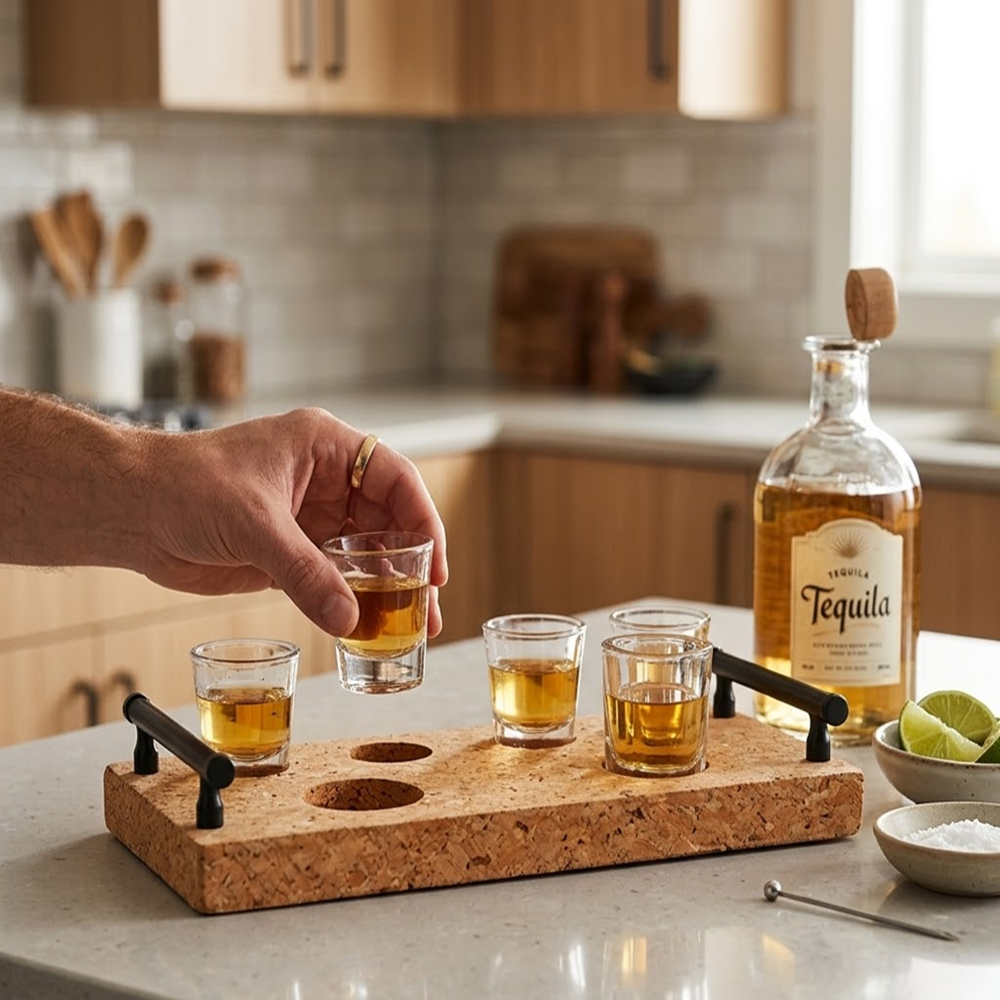 PAIVI Six-Slot Shot Glass Cork Tray with Metal Handles - Image 2