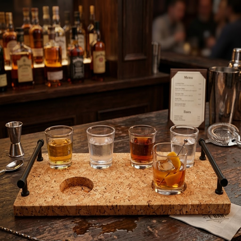 PAIVI Six-Slot Shot Glass Cork Tray with Metal Handles - Image 3